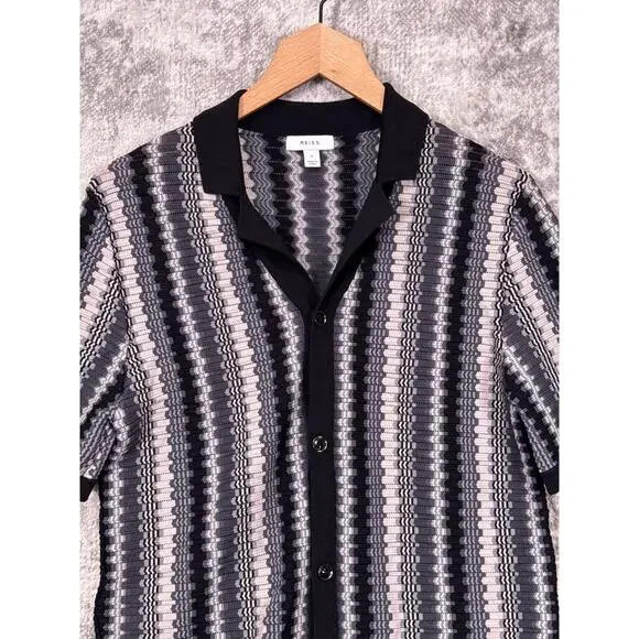 REISS Knit Shirt Small Mens Gibbon Chevron Cuban Camp Collar Resort Button Down - Picture 2 of 9